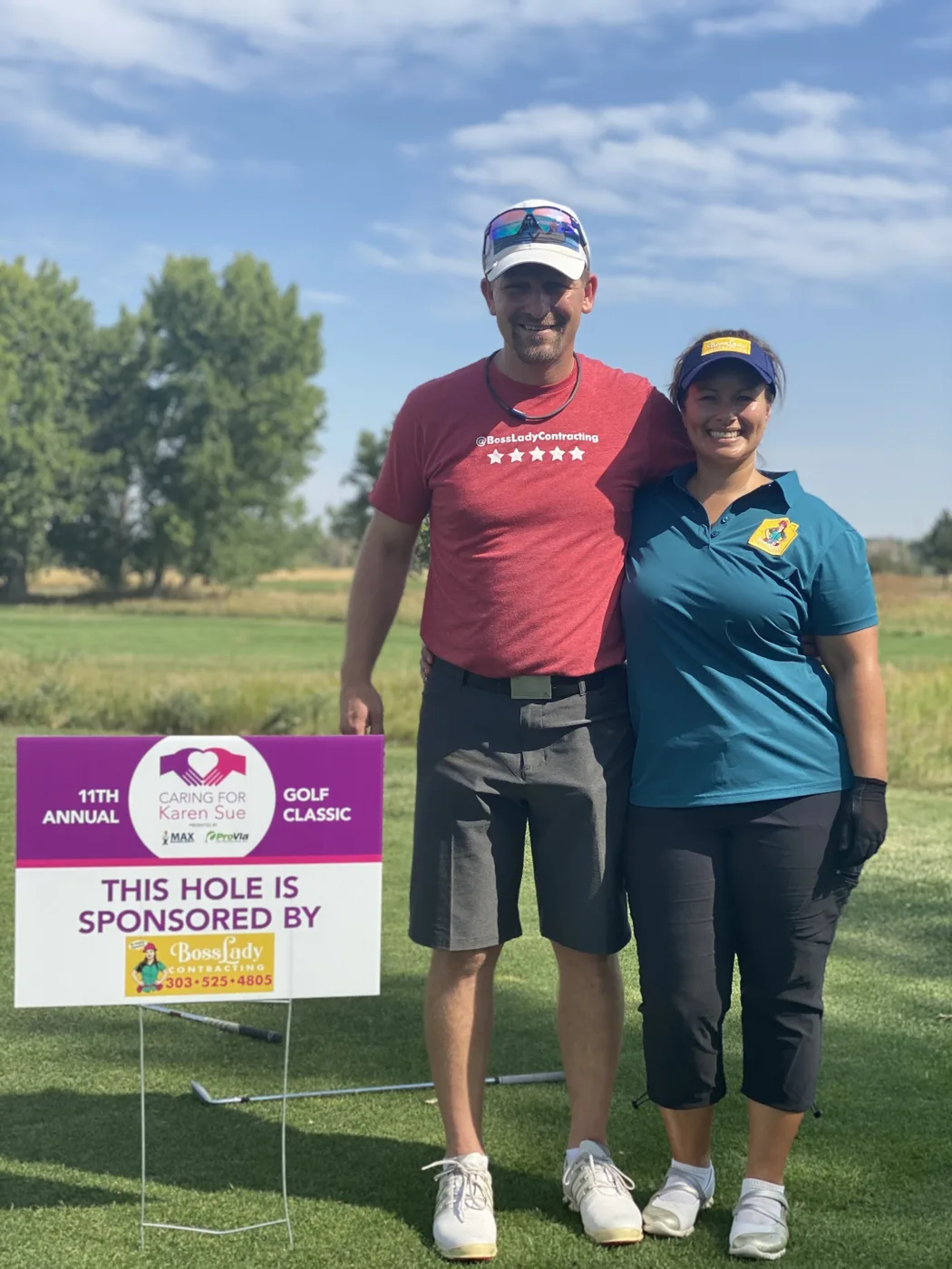 Alex Crawfurd at a Colorado charity golf classic hole sponsored by BossLady Contracting