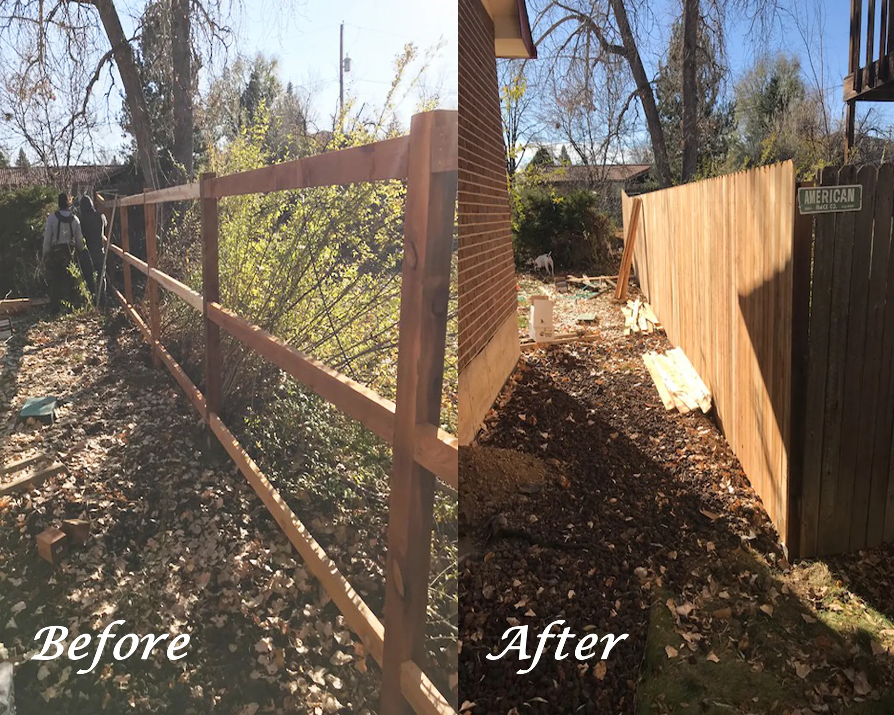 Before-and-after wood fence and deck restoration